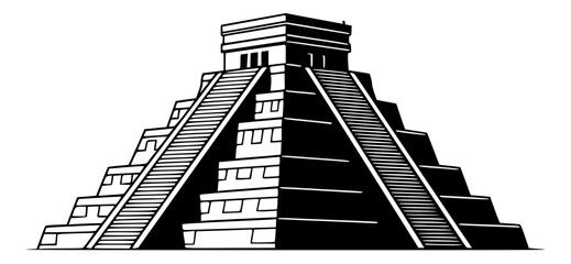 A black and white illustration of a tall pyramid with stairs, black, building, icon, illustration, obelisk, pyramid, tower, against transparent background