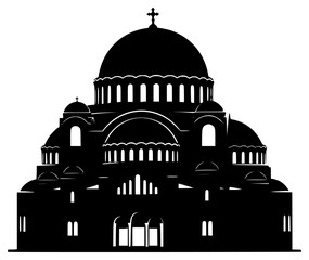A black and white silhouette of a large building with a domed roof, black, building, cathedral, church, dome, flat, icon, illustration, profile, worship, against transparent background