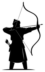 A silhouette of a man practicing archery, holding a bow and arrow, archery, arrow, black, bow, goal, illustration, man, profile, shoot, warrior, against transparent background