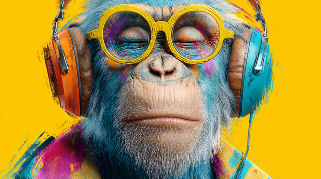 Colorful monkey wearing headphones, sunglasses, and expressive face against yellow background.