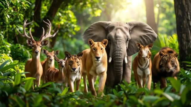Wild animals together in a lush forest.