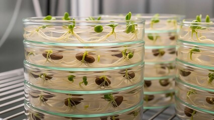 Young green plant sprouts germinating in multiple glass petri dishes, representing scientific research and experiment for agricultural development