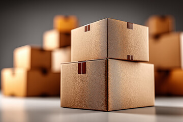 Stacked cardboard containers ready for shipping, storage, and moving. A pile of shipping boxes isolated on gray background.
