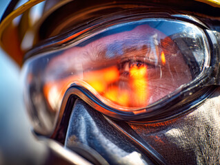 Portrait of a firefighter wearing protective helmet and face shield with warm fire reflections captured in the visors during emergency response situation