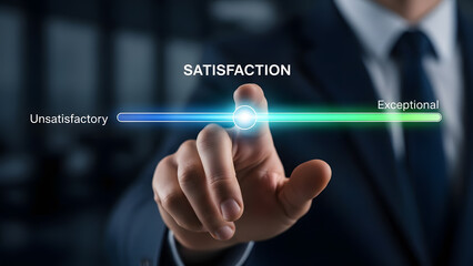 Businessman hand adjusting satisfaction level from unsatisfactory to exceptional on virtual scale