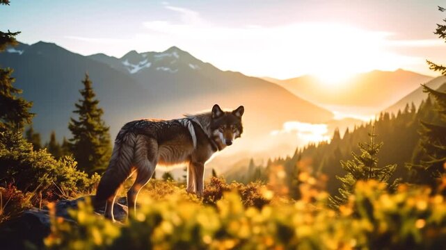 Wolf watches sunset over mountain range.