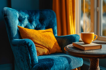 Cozy Blue Armchair Scene: A blue armchair with a yellow pillow next to a cup of coffee on a book in a serene indoor setting.