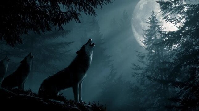 Wolves howl under the full moon in a dark forest