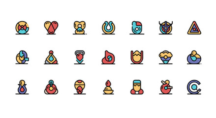 Set of abstract colorful vector cartoon icons and symbols on a white background, representing various concepts like health, business, and technology, perfect for modern graphic design and web