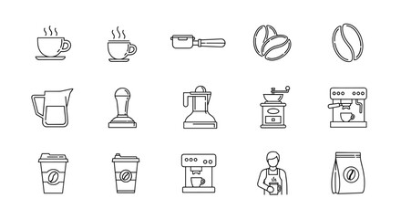 A comprehensive collection of outline vector icons representing various barista tools and coffee-related elements, perfect for web design and culinary themes. This set includes steaming cups, coffee