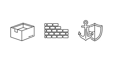 Set of three simple line icons representing a cardboard box, a brick wall, and an anchor with a shield, symbolizing logistics, construction, and security respectively. These outline graphics are © JannatulFerdaus