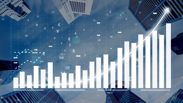 A striking visual depiction of a data chart symbolizing business growth, framed by modern skyscrapers, illustrating financial success and urban development. Copula - Powered by Adobe