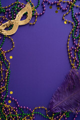 Vibrant vertical Mardi Gras scene with a gold sequined mask, purple and green beads, and a purple...