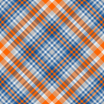 Detailed plaid pattern of blue, orange and gray. A classic textile design with an autumnal vibe. Great for backgrounds, apparel, and creative projects.