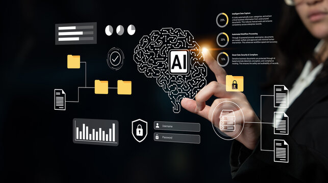 Innovative representation of artificial intelligence in a business context, showcasing data analysis, cybersecurity elements, and digital interaction elements. Gantry - Powered by Adobe