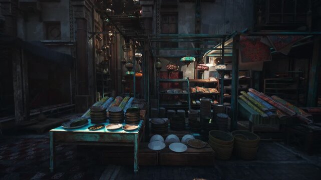 neon lit night market stall offering fresh produce and spices, stacked baskets and wooden crates under ambient lantern glow wet cobblestone reflects neon
