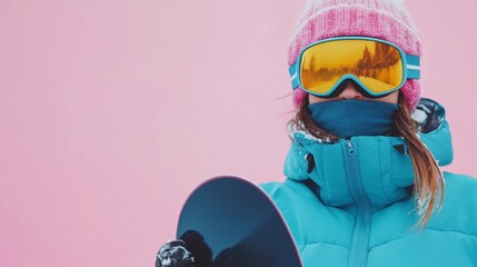 A woman in a pink hat and blue jacket is holding a snowboard. She is wearing goggles and a scarf