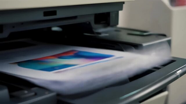 Close-up view of a printer with paper being printed, showcasing the printer's output tray and control panel