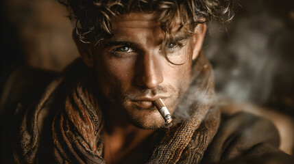 Intense man smoking cigarillo exhaling smoke looking at camera