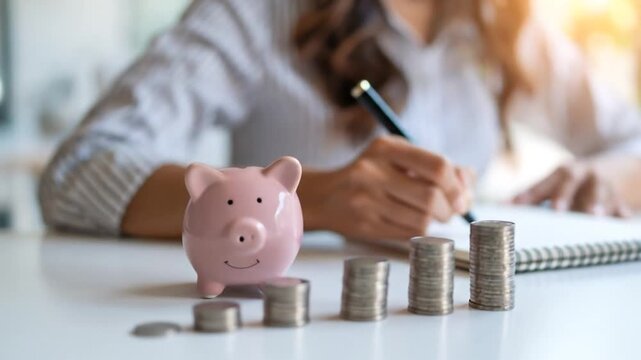 Woman planning savings with coins and pig.