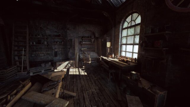 dusty wooden workshop with arched window casting pale light across bench and scattered planks. empty lathe rests beside worn chisels and paper plans, luthier