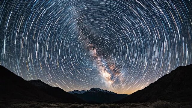 Night sky time lapse of stars and galaxy over mountain range