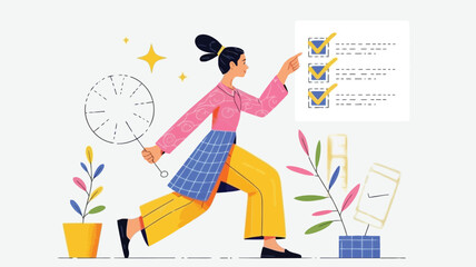 Fototapeta premium Woman efficiently managing tasks with checklist and fan in modern workspace
