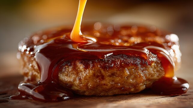Close-up of Sauce Dripping onto Patty with Glossy Texture and Blurred Background