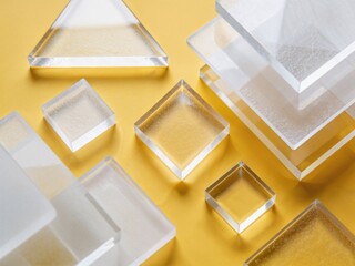 Clear and Frosted Acrylic Sheets and Blocks on Yellow Background
