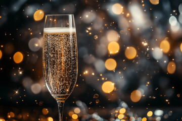 A glass flute filled with sparkling wine, bubbles rising, set against a festive background of blurred lights and soft bokeh.