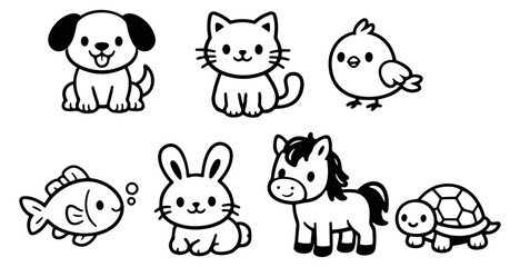 Cute hand drawn animal set featuring a dog, cat, chick, fish, rabbit, horse, and turtle for children's designs