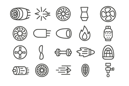 Aerospace Propulsion Icons. Line style icons of aerospace propulsion: Jet Engine, Thrust, Turbine, Nozzle, Fan, Compressor,