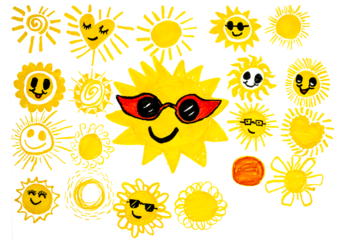 Cute sun with smile for sticker. Design element.drawn sun icons