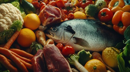 Colorful array of fish fillet and assorted vegetables.