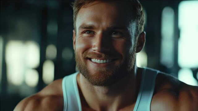 Bearded man in sportswear, smirking with eyes closed; indoor workout setting