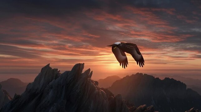 Majestic eagle perched on rugged mountain peak at sunset