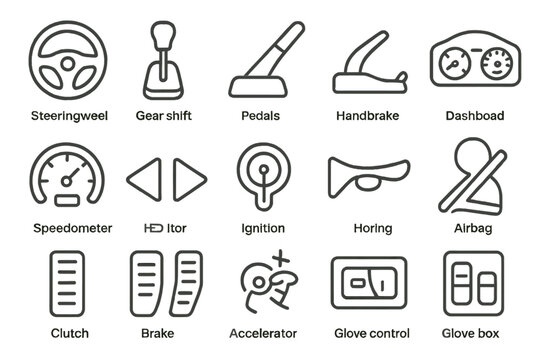 Car Essentials Icons. Line style icons of car driving essentials: Steering Wheel, Gear Shift, Pedals, Handbrake, Dashboard,