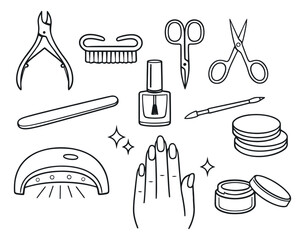 Line art manicure set featuring essential nail care tools and products for beauty services