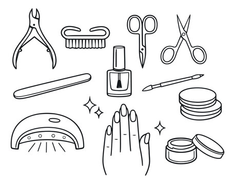 Line art manicure set featuring essential nail care tools and products for beauty services