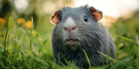 Close-up of fluffy guinea pig with bright pink nose and white whiskers sitting on grassy field.