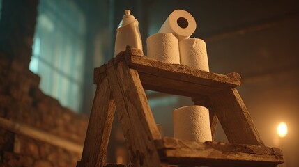 Display of paper towels and spray bottle on wooden shelf in dimly lit space during a clean-up activity