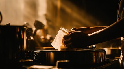 Cooking on a stovetop with warm light during an evening kitchen session
