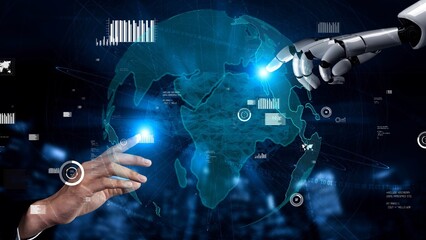 A stunning visual showcasing a human hand and a robotic arm engaging with a digital globe, symbolizing the blend of technology and human connection in a globalized world. Xenic