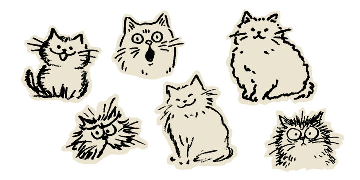 Hand drawn cat doodle in charcoal crayon sketch style. Minimal ink texture, whimsical nursery aesthetic, scrapbook diary sticker vector illustration