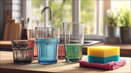 Brightly colored drinks and a sponge on a kitchen counter near a window during the day