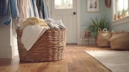 Laundry basket filled with clean towels and clothes in a bright room with wooden floor on a sunny day