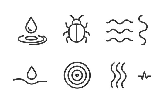 Bug Secretion Waves. Line style icons of bug secretion waves: droplet ripple, bug outline, wave motion, organic path, secretion