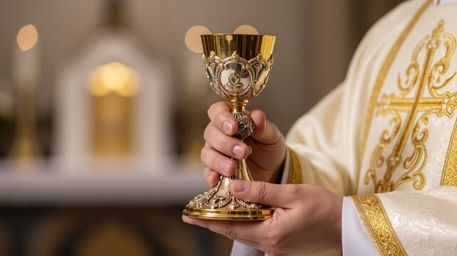 Priest holding a golden chalice during a Catholic Mass. Close up of hands with Holy Communion cup for the Eucharist celebration. Religion and faith concept with copy space