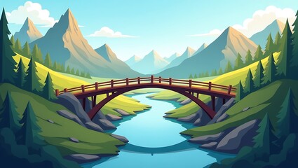 Stylized Mountain Landscape with River and Bridge
