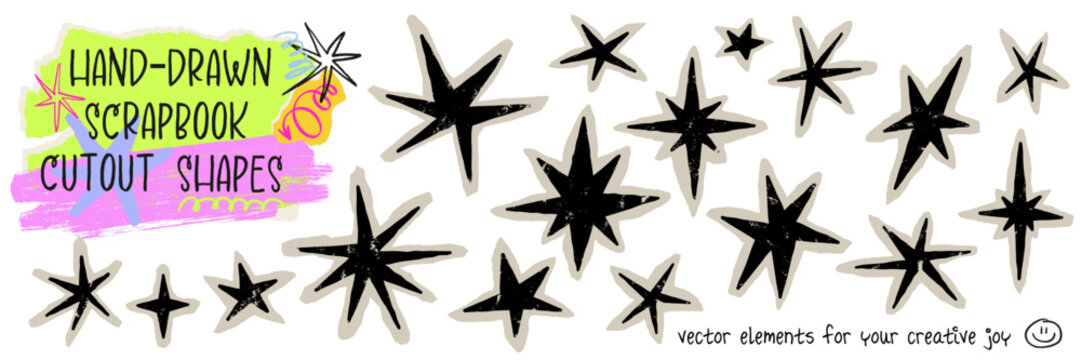 Hand-drawn scrapbook hand drawn scribble stars, crayon and charcoal texture, playful collage style. Childish doodle grunge design stickers, soft paper edges, vector illustration